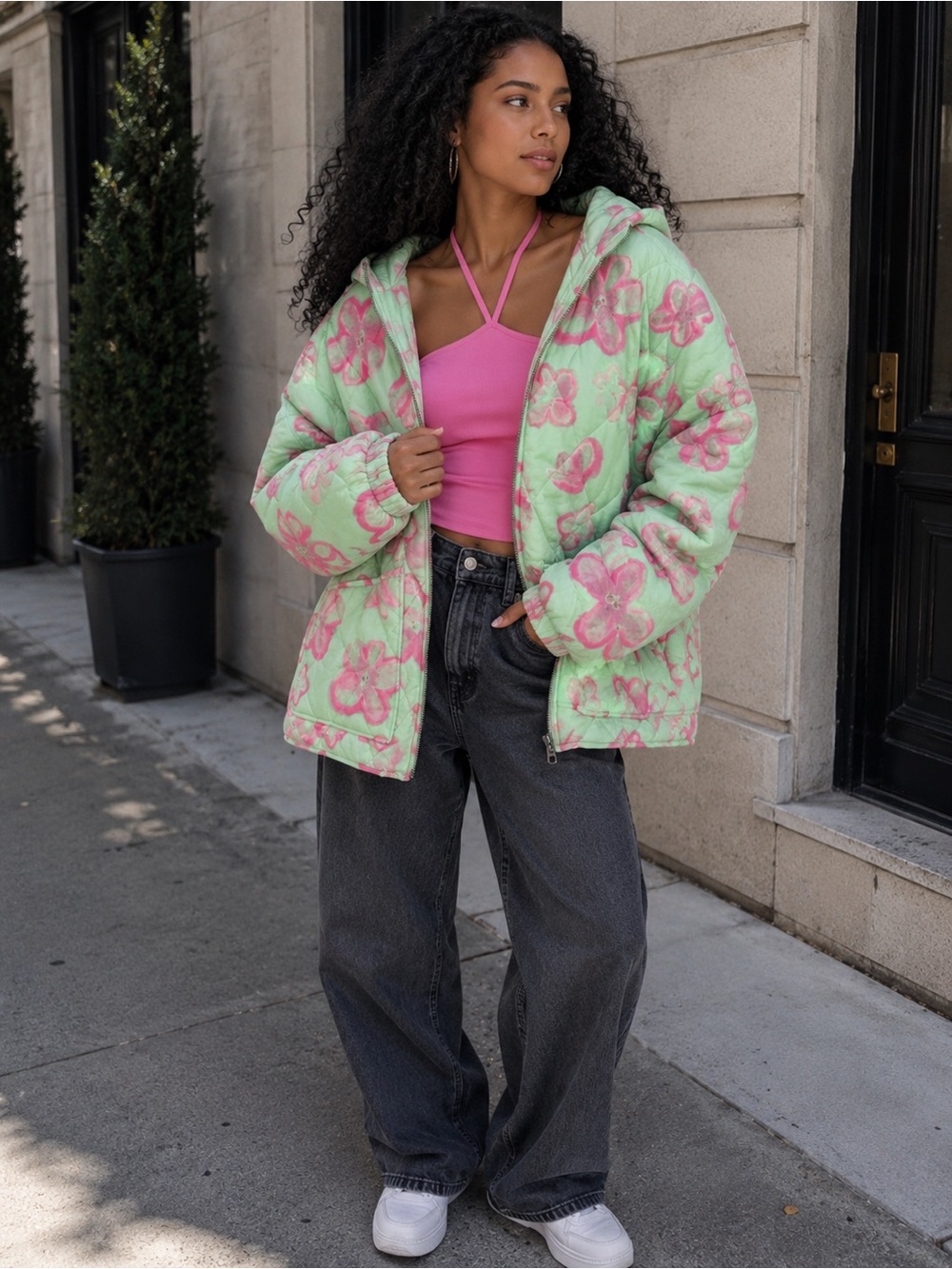 Wild Fable Jacket Hooded Quilted Green Pink Floral Full Zip